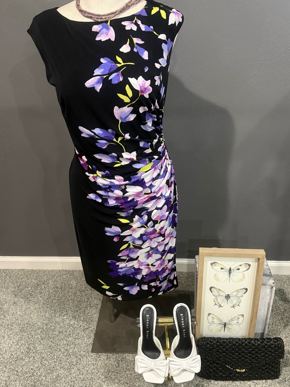 Lauren Ralph Lauren Black Midi Dress with Purple Floral Accents